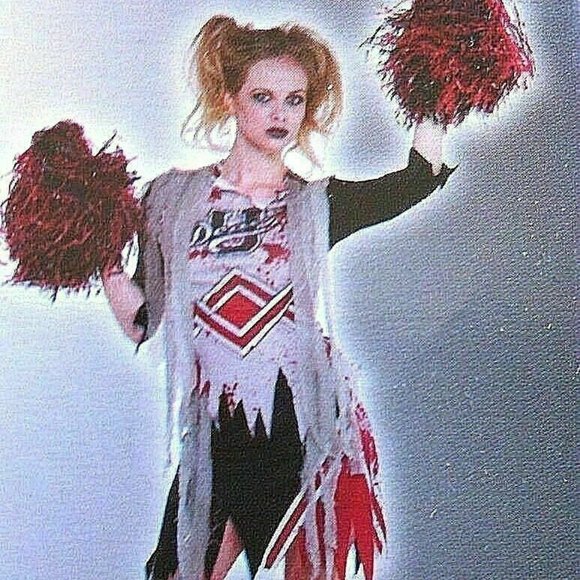 Cheerless Zombie Halloween Outfit Costume Fancy Dress Skirt Top Body Pom Pom - Picture 8 of 16